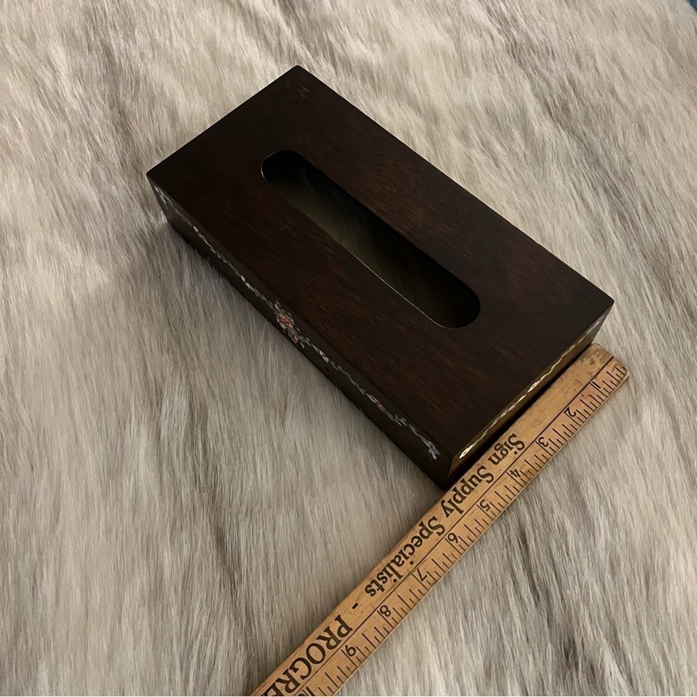 Vintage HANDPAINTED Flowets Dark Wooden Rectangle Tissue Box Covet Midcentury - Picture 12 of 12